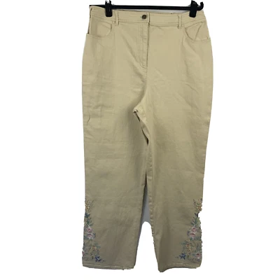 Denim & Co Womans Embroidered Ankle Pants Size Large Tan Floral - Image 1 of 4