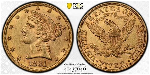1881 PCGS AU58 CAC FS-303 RPD Repunched Date Liberty Head Gold $5 Half Eagle Cover