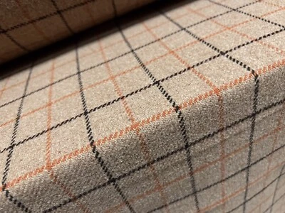 Wool Jacquard Woven Fabric, Per Metre - Check Design - Stone Orange & Black - Image 1 of 3