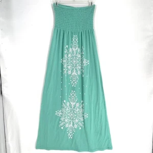Love Ari Bandeau Dress Beach Teal Size Medium Detailed Front Full Length Maxi - Picture 1 of 6