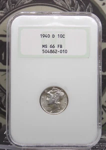 1940 "D" Mercury SILVER Dime 10c NGC MS66 FB *FULL BANDS* Old Fatty #010 ECC&C - Picture 1 of 5