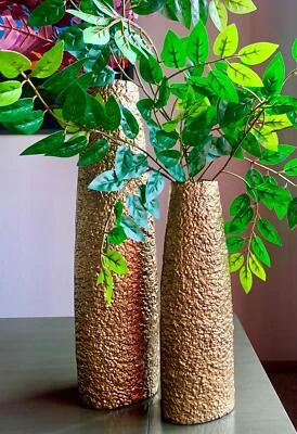 Two Sizes Large Artisanal Lacquered Gold Aluminum Textured Tower Decorative Vase - Image 1 of 4