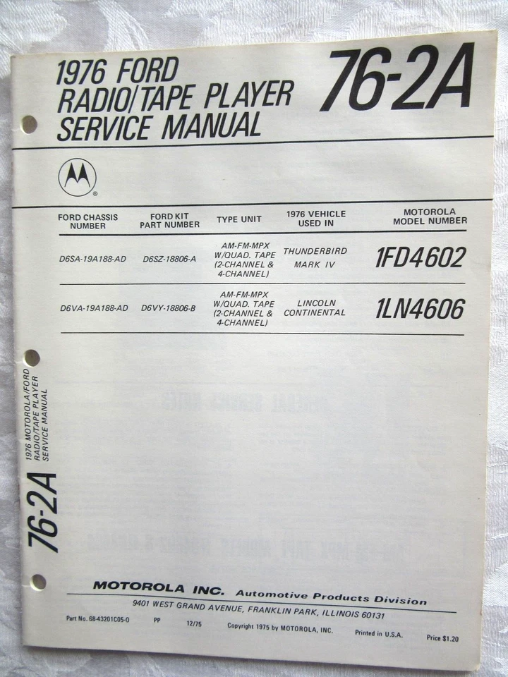 Motorola 1976 Ford Thunderbird Radio Reproductor Manual de Servicio 76-2A Original Foto 1 de 1