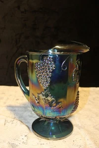 Carnival Glass by Indiana Glass Co. Harvest Grape Pitcher Blue Iridescent MCM - Picture 1 of 11