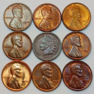 9 Lincoln Wheat & Indian Head Cents Toned/Uncirculated All Different! (Lot#8) - Picture 1 of 2