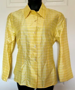 Nina Mclemore Cara Damen 14 gelb weiß kariertes Seidenhemd Sakko Knöpfe - Bild 1 von 4