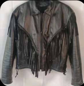 Klassische Vintage Rock Solid Schwarz Fransen Leder Motorrad Jacke Damen Xl Biker - Bild 1 von 1
