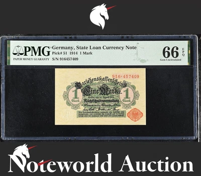 Billete de moneda de préstamo estatal de Alemania 1 marco 1914 P 51 UNC PMG 66 EPQ NR 2º TOP POP Foto 1 de 4