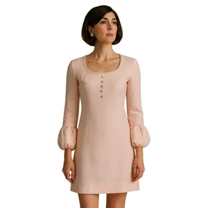 Vintage 60er Calderón rosa Etuikleid Mod Boho Perlen Perlen Puffärmel Mini - Bild 1 von 13