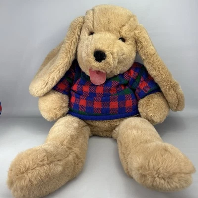 Commonwealth Dog Plush 1990 Tan Puppy 26" Long Floppy Ears Plaid Sweater EUC - Image 1 of 4