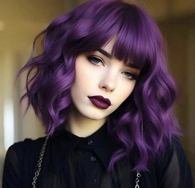 Peruca ondulada bob curta roxa de 14 pol. com franjas sintéticas resistentes ao calor Lancaini - Imagem 1 de 4