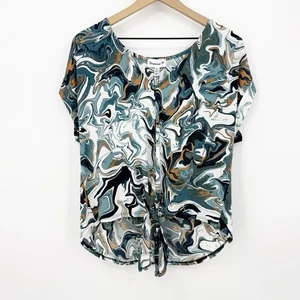 Veronica M Tie Front Blouse XL Womens Modern Abstract Marble Print Effortless  - Picture 1 of 6