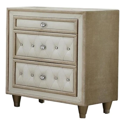 Mesita de noche tapizada de terciopelo con 3 cajones Coaster Antonella en marfil y camello Foto 1 de 4
