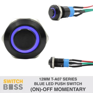 PRE-WIRED 12mm BLUE LED On-Off BLACK Momentary Aluminium Push Switch 12v - Picture 1 of 12
