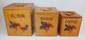 Vintage 3 Piece Wood Rooster Art Country Kitchen Nesting Storage Canisters. - Picture 1 of 12