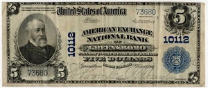 1902 $5 GREENSBORO, NC AMERICAN EXCHANGE NATIONAL PLAIN BACK BANKNOTE CH# 73680 - Picture 1 of 2