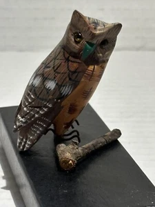 Hand Carved Wood Owl Figurine Miniature Glass Eyes Natural Hand Made - Picture 1 of 6
