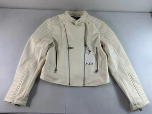 ZARA NEW WOMAN BIKER FAUX LEATHER JACKET White Cream Sz M - Picture 1 of 10