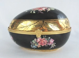 Limoges Black Gilded Gold Victorian Roses Huge 8" Porcelain Hinged Egg Box - Picture 1 of 10