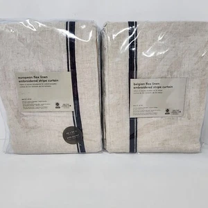 2 West Elm Belgian Linen Embroidered Stripe drapes Curtain 48x84 Flax midnight - Picture 1 of 4