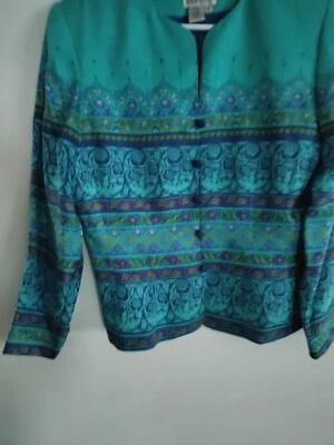  Traje de seda Adrianna Papell 2 piezas, 10 chaqueta forrada multicolor, falda azul Foto 1 de 4