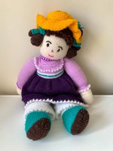 Handmade Hand Knitted Toy Doll Purple Dress Bonnet Soft Cuddly 54cms (32") Large - Picture 1 of 10