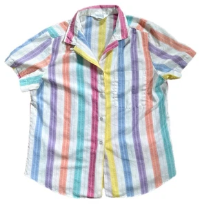 Vintage Womens Bright Colorful Striped Seersucker Shirt Blouse Fits Medium Fun - Picture 1 of 6