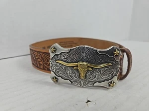 Tony Lama Kids - Tooled Leather Belt W/ Longhorn Buckle - USA (C60094) Size 22 - Picture 1 of 4