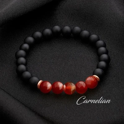Black Onyx & Carnelian 8mm Beads Natural Stone Healing Women Bracelet Ideal Gift - Image 1 of 2
