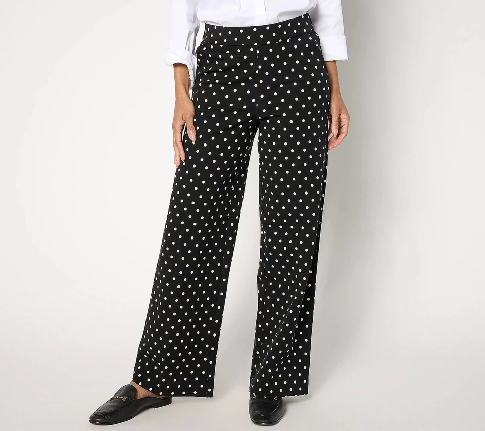 Isaac Mizrahi  Stretch Printed Straight Pants-Black Dot-Petite 14 A656160 NEW - Image 1 of 1