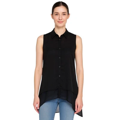 Blusa túnica larga transparente negra pequeña Joan Vass sin mangas pañuelo falda Foto 1 de 4