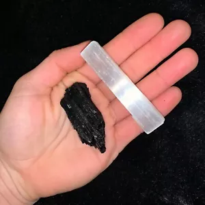 One (1) Charged Black Tourmaline Rough Gemstone + A FREE Selenite Charging Stick - Picture 1 of 2