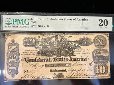 T-29 1861 $10 CONFEDERATE CURRENCY CSA PMG 25 *CIVIL WAR NOTE* Prev Mounted - Image 1 of 4