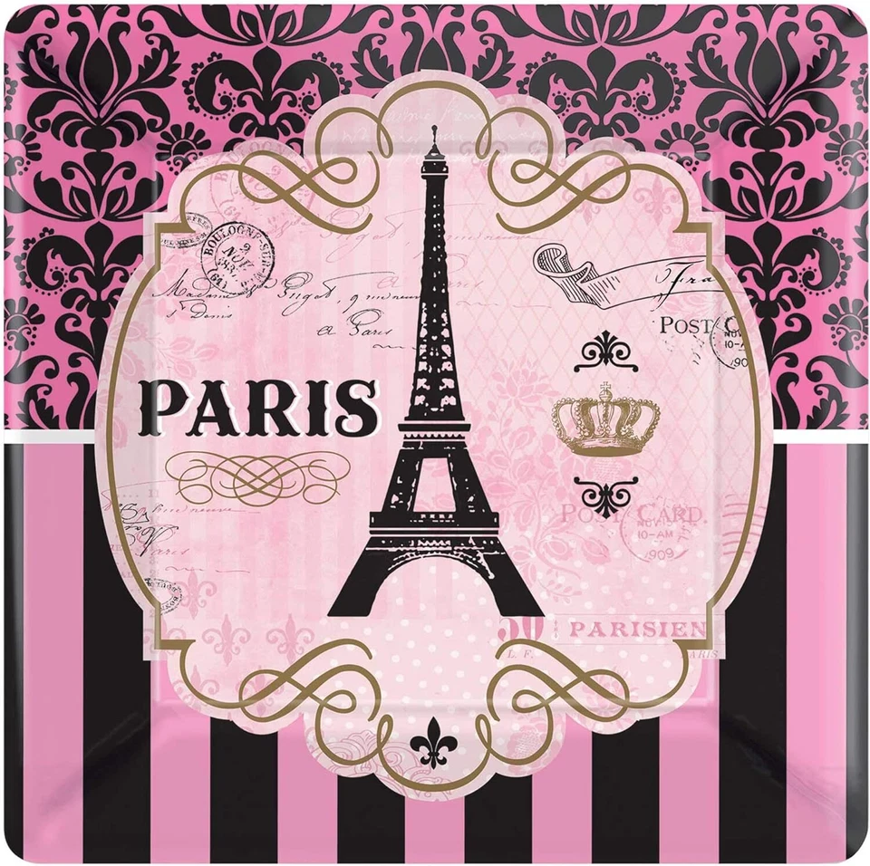 Day in Paris Pink Eiffel Tower French Birthday Party 10" Square Banquet Plates - Image 1 of 1