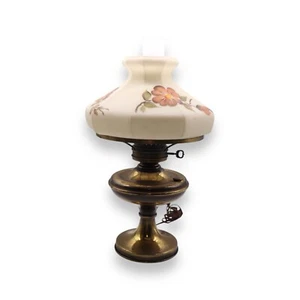 Vintage Brass Hurricane Lamp w/ Handpainted Floral Milk Glass Shade - Picture 1 of 6