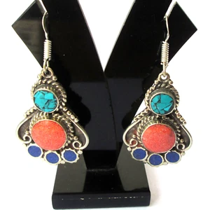 Auténticos Pendientes Boho Turquesa Coral Lapislázuli Regalo de Navidad Joyería Tribal - Imagen 1 de 8