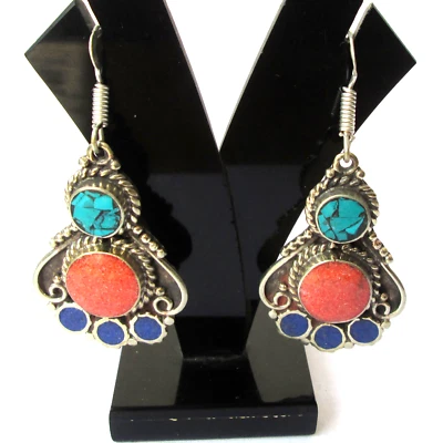 Auténticos Pendientes Boho Turquesa Coral Lapislázuli Regalo de Navidad Joyería Tribal Foto 1 de 4
