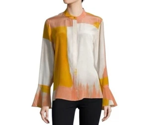 $140 Donna Karan Blouse 100% Silk Chiffon L Brushstroke Long Sleeve NO SIZE TAG - Picture 1 of 7