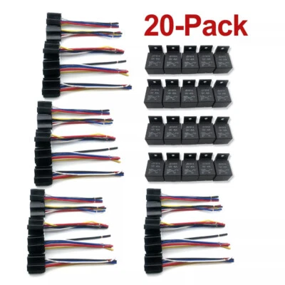 20 Pcs 12V 40 Amp 5-Pin SPDT Automotive Relay Pigtail Harness Socket Set - Image 1 of 3
