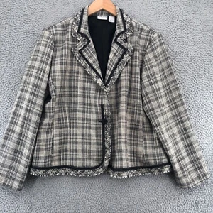 Chicos Blazer Women 3 US Extra Large Ivory Black Plaid Fringe Ribbon Button Up - Picture 1 of 10