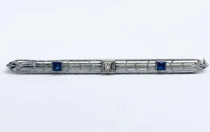 Antique Vintage Platinum 18k White gold diamond & Blue Sapphire filigree brooch - Picture 1 of 9