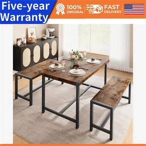 🍎Dining Table Set for 4 Kitchen Table with 2 Metal Wood Benches for Small Space - Picture 1 of 8