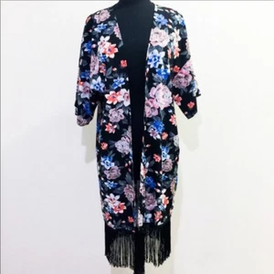 Carmen Marc Valvo Floral Kimono Duster With Fringe  Black Pink Blue XS - Picture 1 of 8