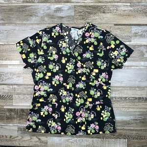 Womens M SB Scrubs top black green birds floral Nurse Medical - Picture 1 of 5