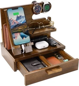 Cadeau fête des pères homme station d’accueil en bois organisateur de bureau pour montre téléphonique - Photo 1 sur 4