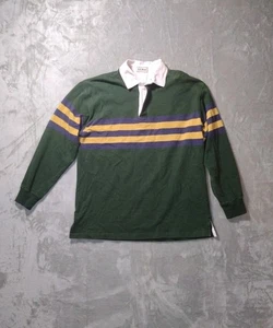 LL BEAN Rugby Polo Shirt Striped Green Cotton Sz L Retro 70s Y2K Prep Trad Ivy - Picture 1 of 8