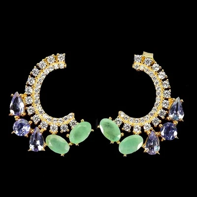 925 Sterling Silber Ohrringe Oval Smaragd Tansanit Natürlicher Edelstein Schmuck - Bild 1 von 4