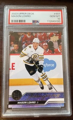 2023 Upper Deck #497 Mason Lohrei Young Guns Rookie Card Boston Bruins RC PSA 10 - Image 1 of 2
