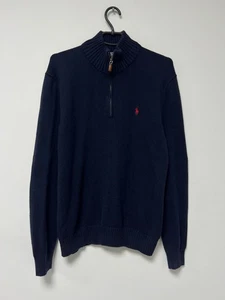 Vintage 90s Polo Ralph Lauren 1/4 Zip Sweater Knit Cotton RL Dark Blue Mens sz M - Bild 1 von 18