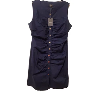 Vestido DKNY Azul Marino Acanalado Pop Frontal Sin Mangas 100% Algodón US16 Dorado Botones Nuevo - Imagen 1 de 15